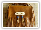 Leather shoulder bag, antler button, glass and metal beads, hand cut fringe (P-14)